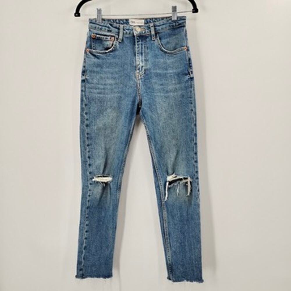 Zara Slim Straight Leg Ankle Jeans Distressed Raw Edge Hem Blue High Rise Size 4